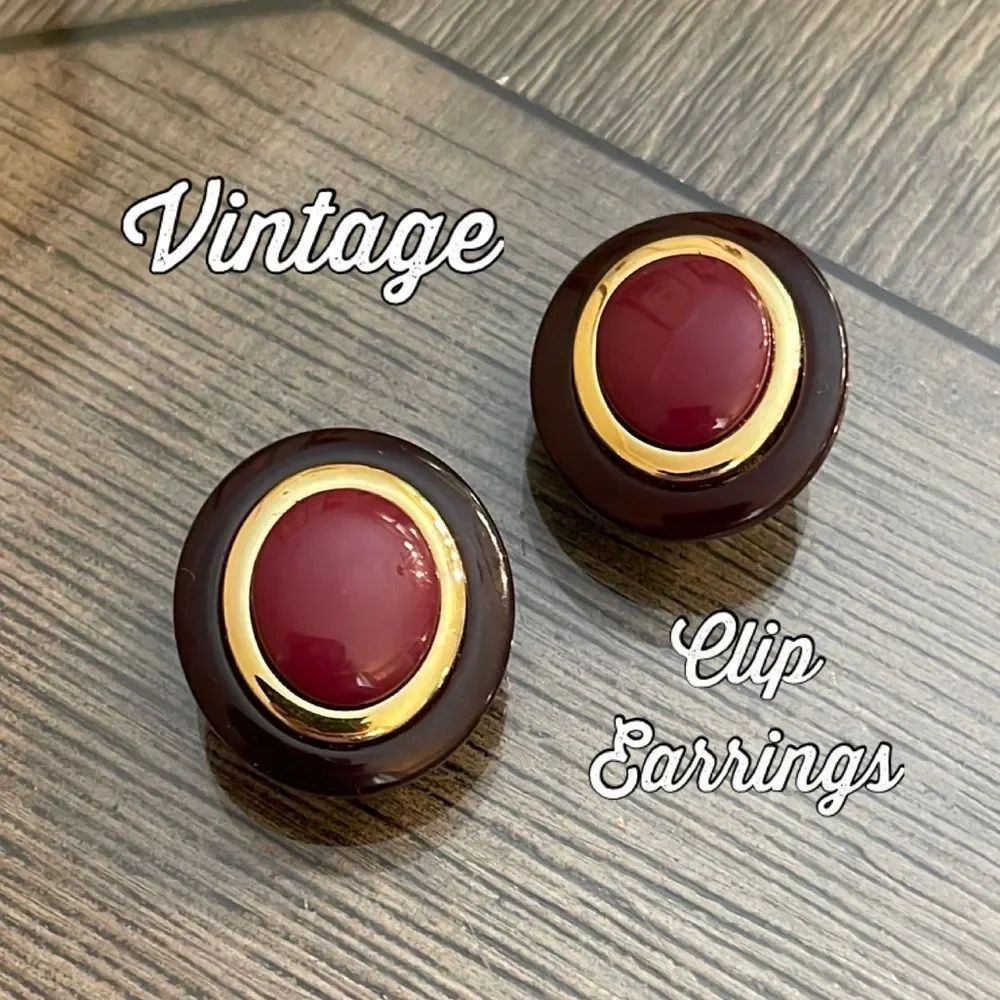 Vintage Acrylic Oval Button Clip Earrings Gold, Wine & Black 1990’s
